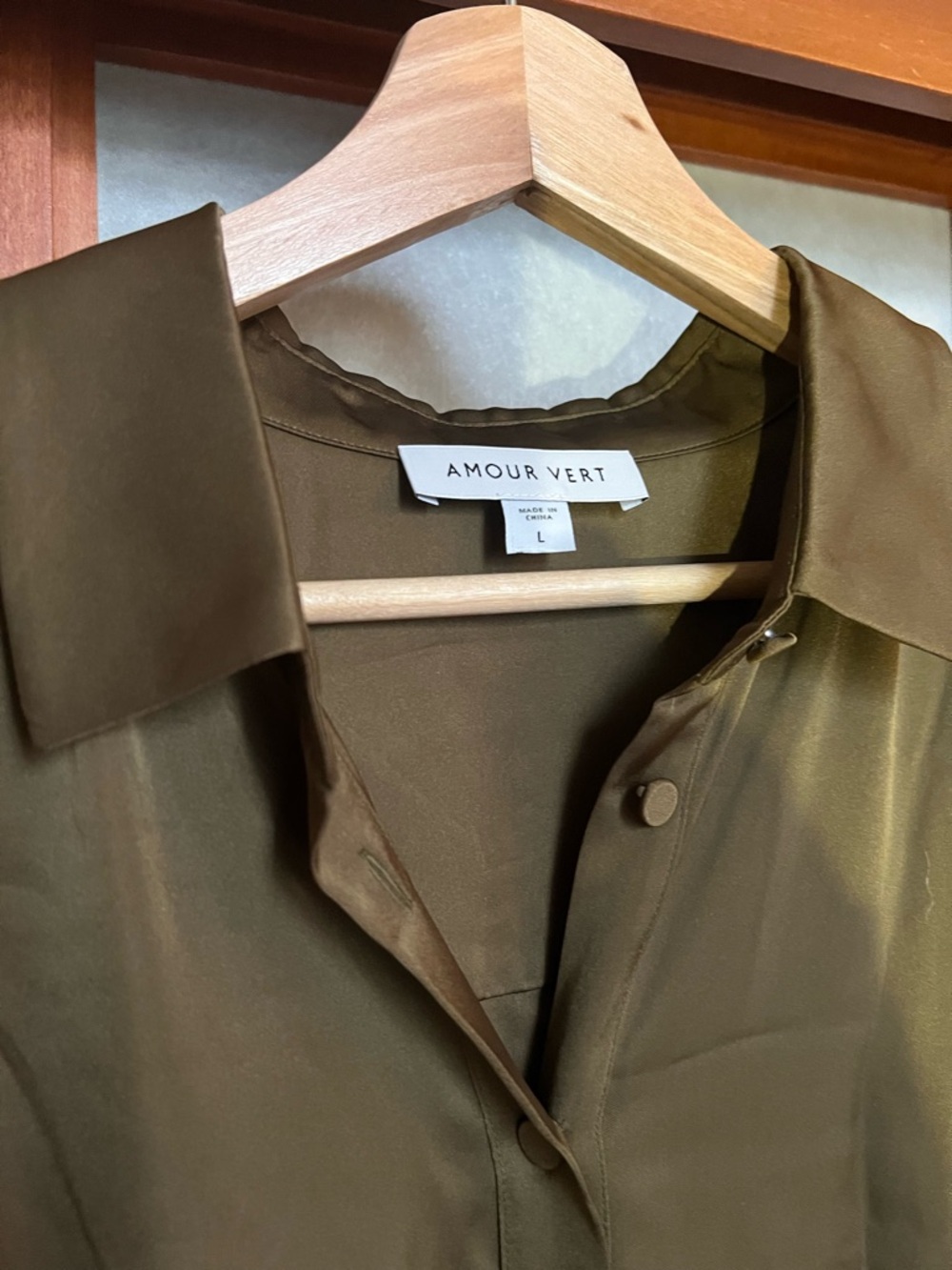 NWOT Amour Vert Olive Satin Button Down Dress Large - Picture 3 of 7